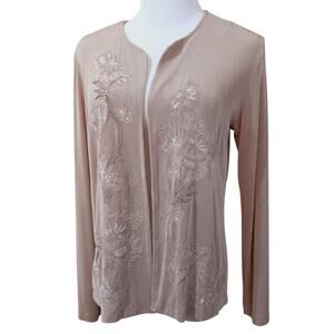 CHICO'S Travelers 1 Slinky Open Jacket Top M/8 Floral Embroidered‎ Beige Tan